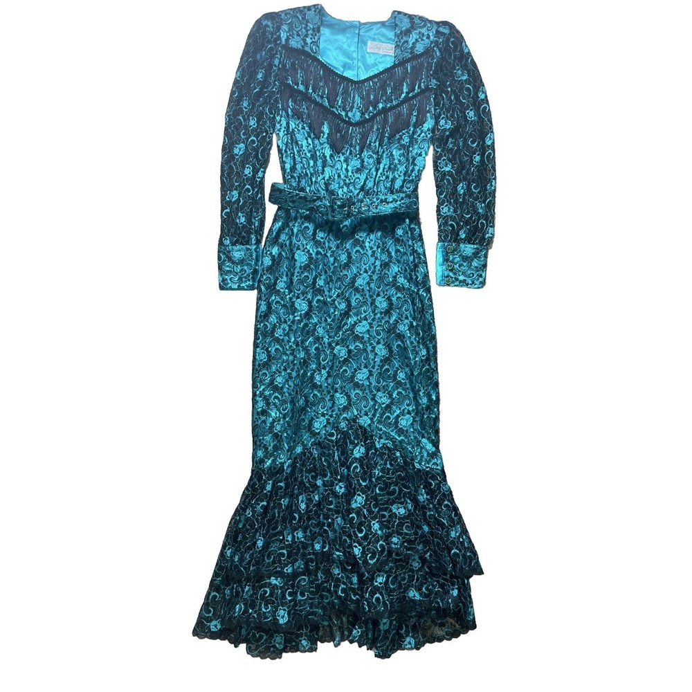 Lilia Smitty 80's COUNTRY Teal GREEN Fringe Western Dress Cowgirl Rodeo Fitted